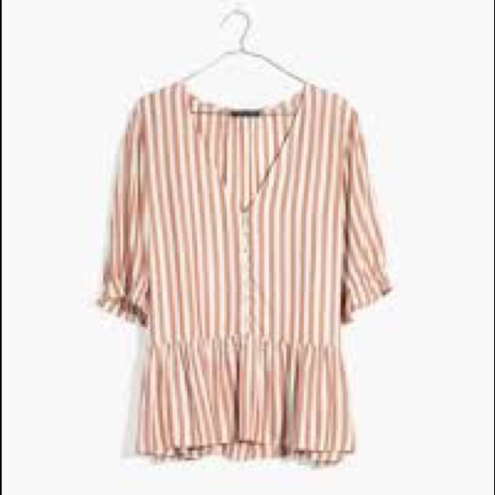 Madewell Courtyard Ruffle-Hem Top Size XXS Striped V-Neck Button Front Blouse - Picture 1 of 7